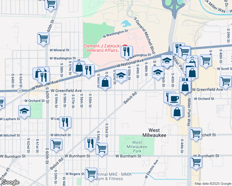 map of restaurants, bars, coffee shops, grocery stores, and more near 5202 West Greenfield Avenue in West Milwaukee