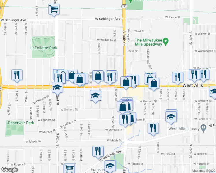 map of restaurants, bars, coffee shops, grocery stores, and more near W Greenfield Ave & S 86th St in West Allis