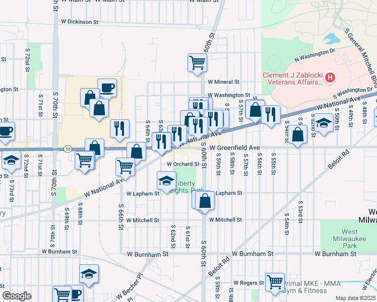 map of restaurants, bars, coffee shops, grocery stores, and more near in West Allis