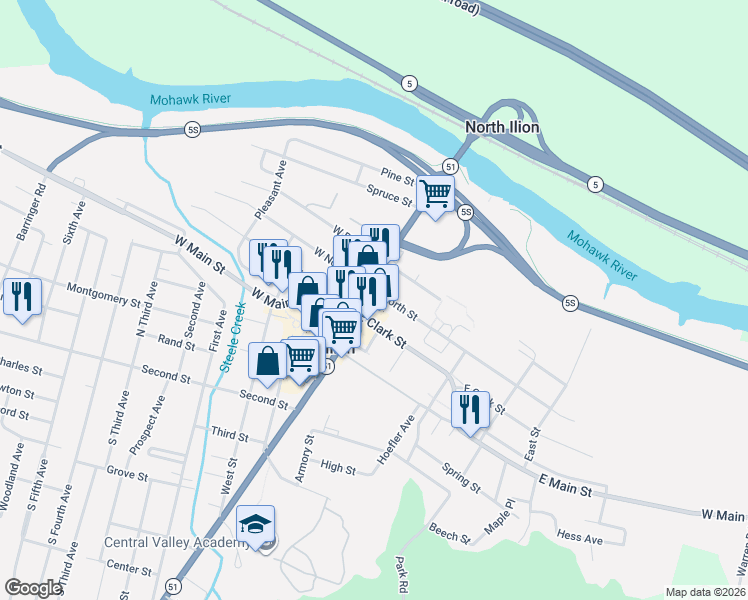 map of restaurants, bars, coffee shops, grocery stores, and more near 61 Central Avenue in Ilion
