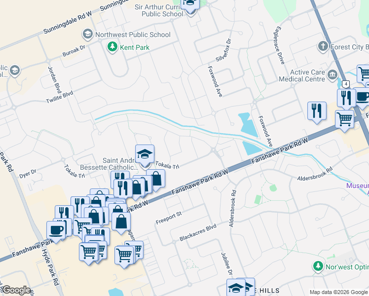 map of restaurants, bars, coffee shops, grocery stores, and more near 1915 Wateroak Drive in London