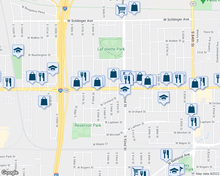 map of restaurants, bars, coffee shops, grocery stores, and more near W Greenfield Ave & S 94th St in West Allis