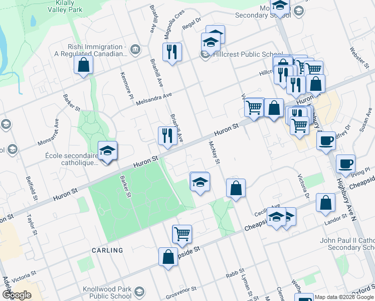 map of restaurants, bars, coffee shops, grocery stores, and more near 1143 Huron Street in London