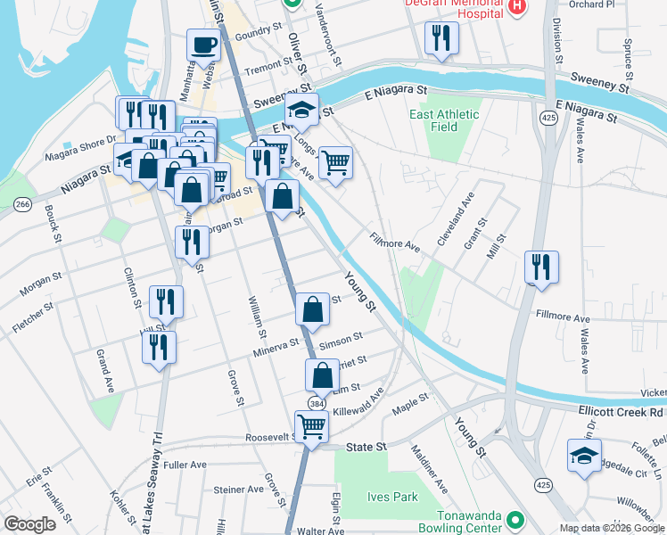 map of restaurants, bars, coffee shops, grocery stores, and more near 171 Young Street in Tonawanda