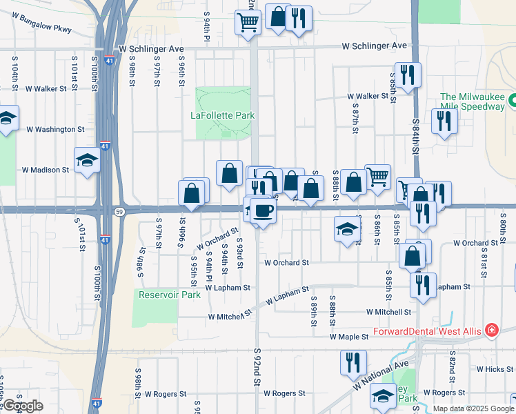 map of restaurants, bars, coffee shops, grocery stores, and more near W Greenfield Ave & S 92nd St in West Allis