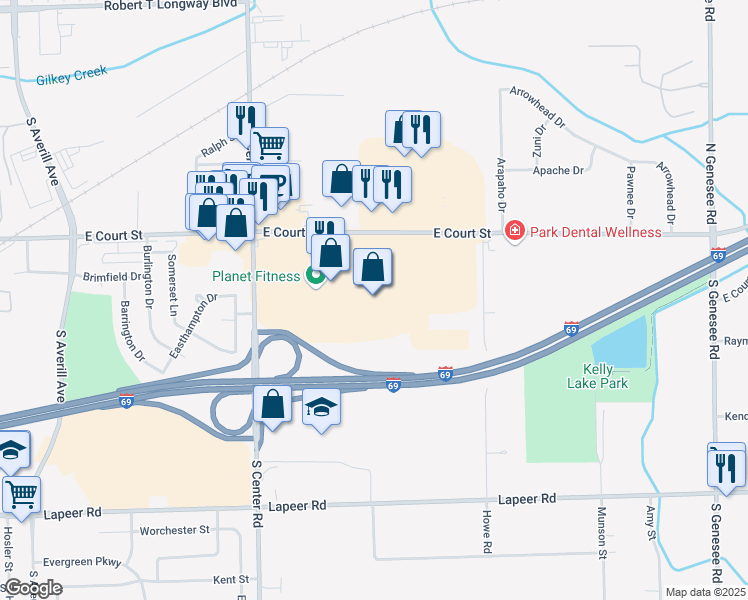 map of restaurants, bars, coffee shops, grocery stores, and more near 4190 East Court Street in Burton