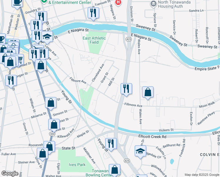 map of restaurants, bars, coffee shops, grocery stores, and more near 38 Mill Street in Tonawanda