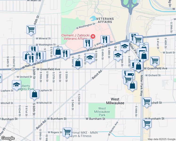 map of restaurants, bars, coffee shops, grocery stores, and more near 5115 West Greenfield Avenue in West Milwaukee