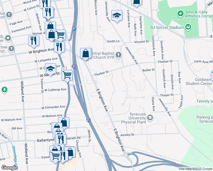 map of restaurants, bars, coffee shops, grocery stores, and more near 506 Ivy Ridge Road in Syracuse