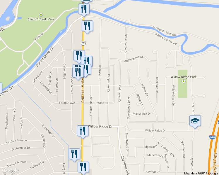 map of restaurants, bars, coffee shops, grocery stores, and more near 174 Peppertree Drive in Buffalo
