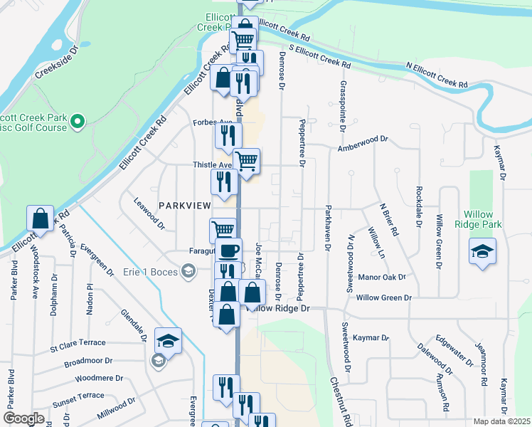 map of restaurants, bars, coffee shops, grocery stores, and more near 170 Denrose Drive in Buffalo