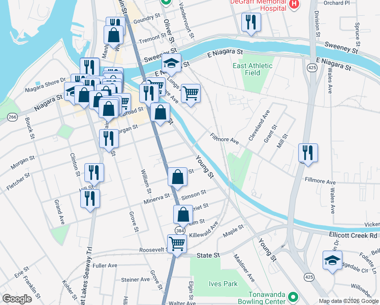 map of restaurants, bars, coffee shops, grocery stores, and more near 171 Young Street in Tonawanda