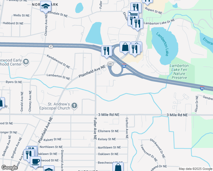 map of restaurants, bars, coffee shops, grocery stores, and more near 2942 Fuller Avenue Northeast in Grand Rapids