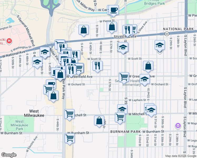 map of restaurants, bars, coffee shops, grocery stores, and more near 3748A West Greenfield Avenue in Milwaukee