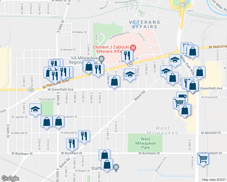 map of restaurants, bars, coffee shops, grocery stores, and more near 5310 West Greenfield Avenue in West Milwaukee