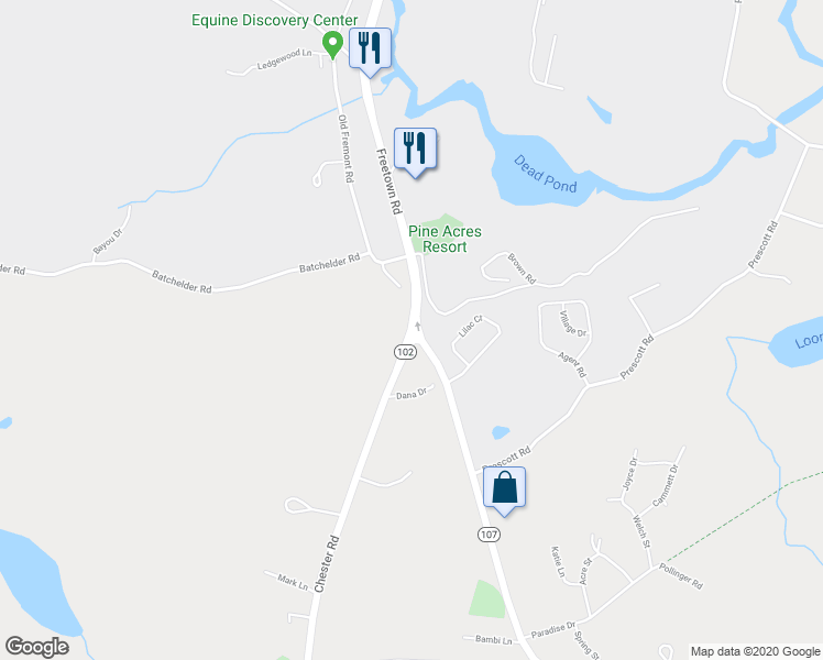 map of restaurants, bars, coffee shops, grocery stores, and more near 3 Chester Road in Raymond