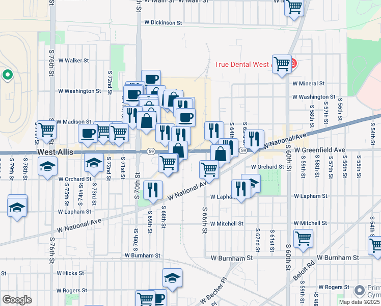 map of restaurants, bars, coffee shops, grocery stores, and more near 14 South 66th Street in West Allis