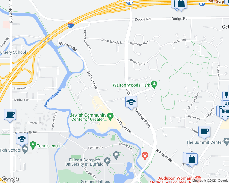 map of restaurants, bars, coffee shops, grocery stores, and more near 475 John James Audubon Parkway in Buffalo