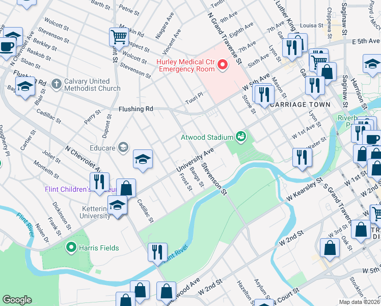 map of restaurants, bars, coffee shops, grocery stores, and more near 620 Stevenson Street in Flint