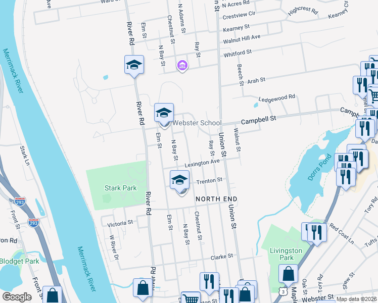 map of restaurants, bars, coffee shops, grocery stores, and more near 1077 Chestnut Street in Manchester