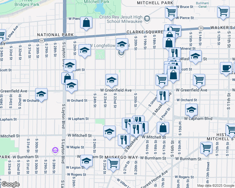 map of restaurants, bars, coffee shops, grocery stores, and more near 2137 West Greenfield Avenue in Milwaukee