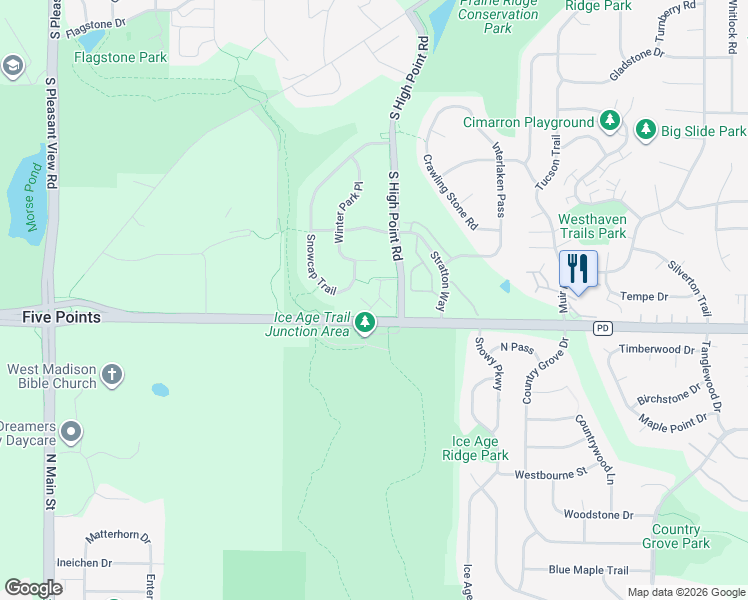 map of restaurants, bars, coffee shops, grocery stores, and more near 3194 South High Point Road in Madison