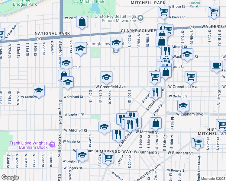 map of restaurants, bars, coffee shops, grocery stores, and more near 2137 West Greenfield Avenue in Milwaukee