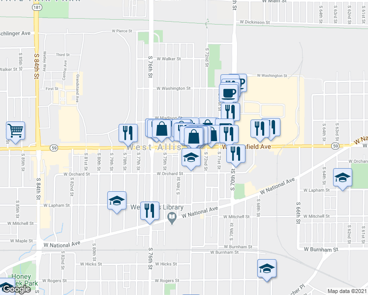 map of restaurants, bars, coffee shops, grocery stores, and more near 7335 W Greenfield Ave in Milwaukee