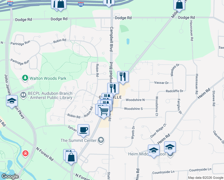 map of restaurants, bars, coffee shops, grocery stores, and more near 15 Campbell Meadows in Getzville
