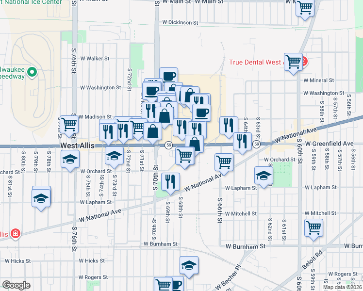 map of restaurants, bars, coffee shops, grocery stores, and more near 6767 W Greenfield Ave in Milwaukee