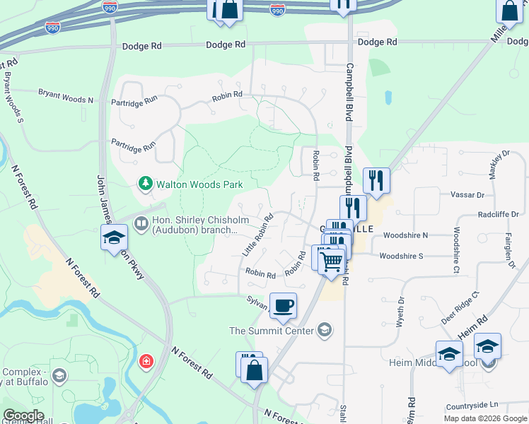 map of restaurants, bars, coffee shops, grocery stores, and more near 316 Little Robin Road in Getzville