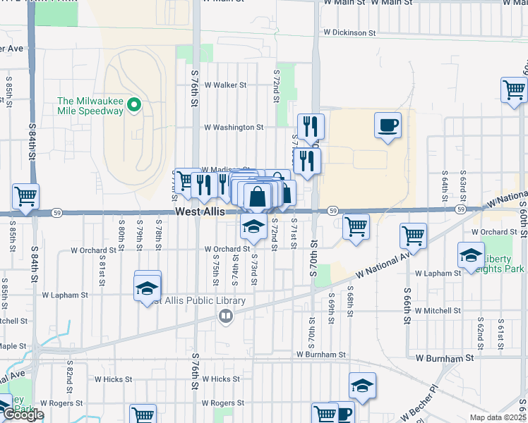 map of restaurants, bars, coffee shops, grocery stores, and more near 7232 W Greenfield Ave in Milwaukee