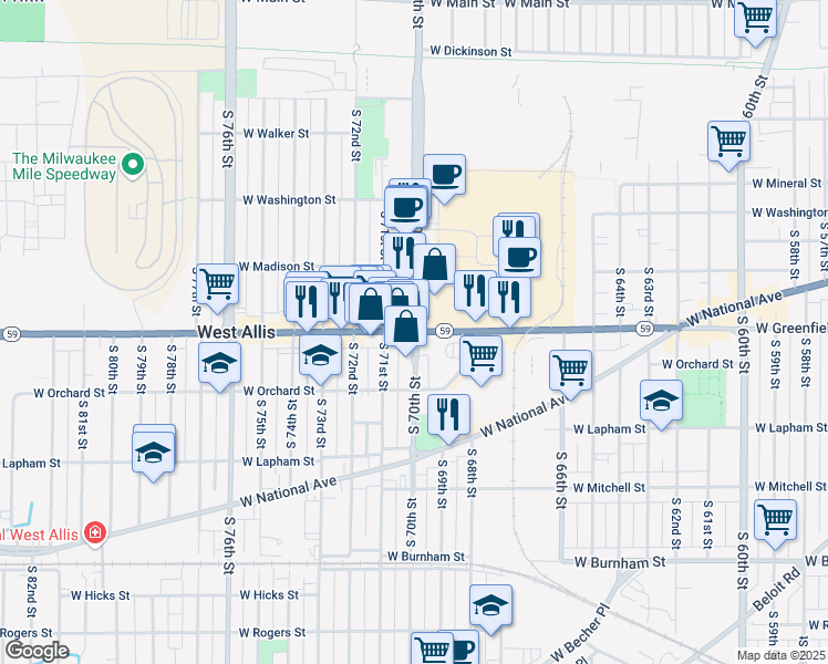 map of restaurants, bars, coffee shops, grocery stores, and more near S 70th St & W Greenfield Ave in West Allis