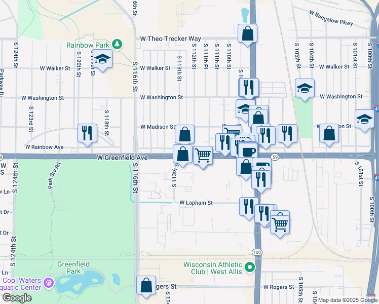 map of restaurants, bars, coffee shops, grocery stores, and more near 1354 South 113th Street in West Allis