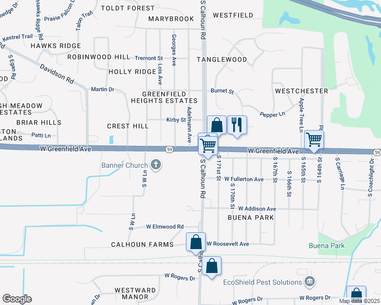 map of restaurants, bars, coffee shops, grocery stores, and more near 17235 West Greenfield Avenue in New Berlin