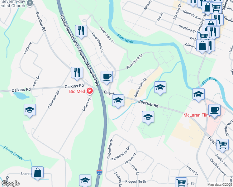 map of restaurants, bars, coffee shops, grocery stores, and more near 3410 Beecher Road in Flint