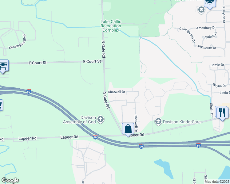 map of restaurants, bars, coffee shops, grocery stores, and more near 9055 Chatwell Drive in Davison