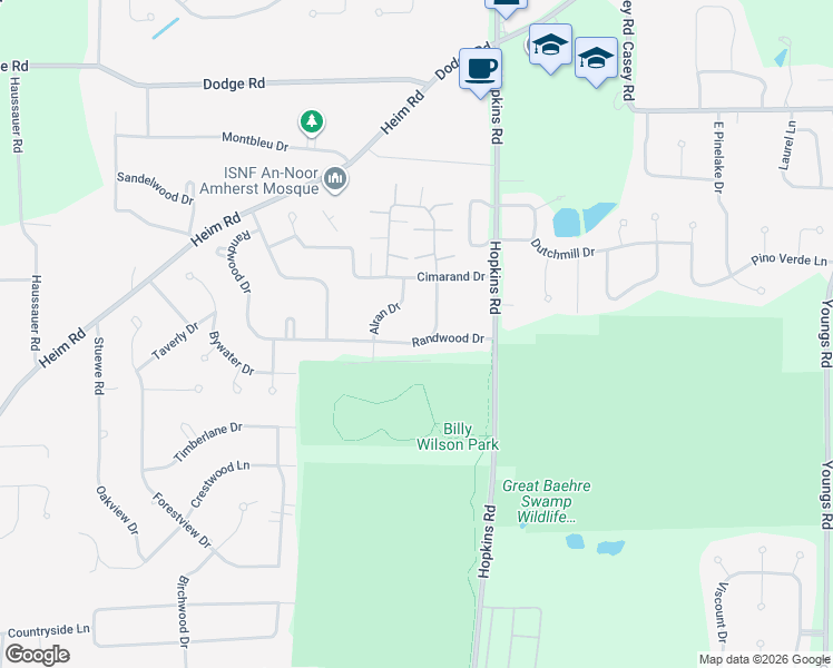 map of restaurants, bars, coffee shops, grocery stores, and more near 314 Randwood Drive in Buffalo