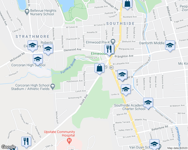 map of restaurants, bars, coffee shops, grocery stores, and more near 116 Fairfield Avenue in Syracuse