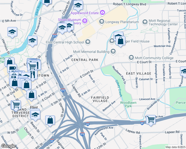 map of restaurants, bars, coffee shops, grocery stores, and more near 915 East Court Street in Flint