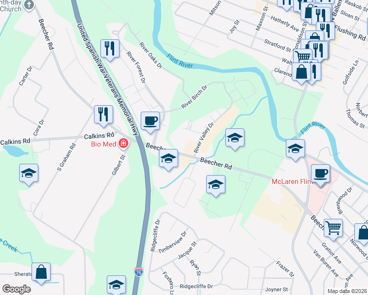 map of restaurants, bars, coffee shops, grocery stores, and more near 3360 Beecher Road in Flint