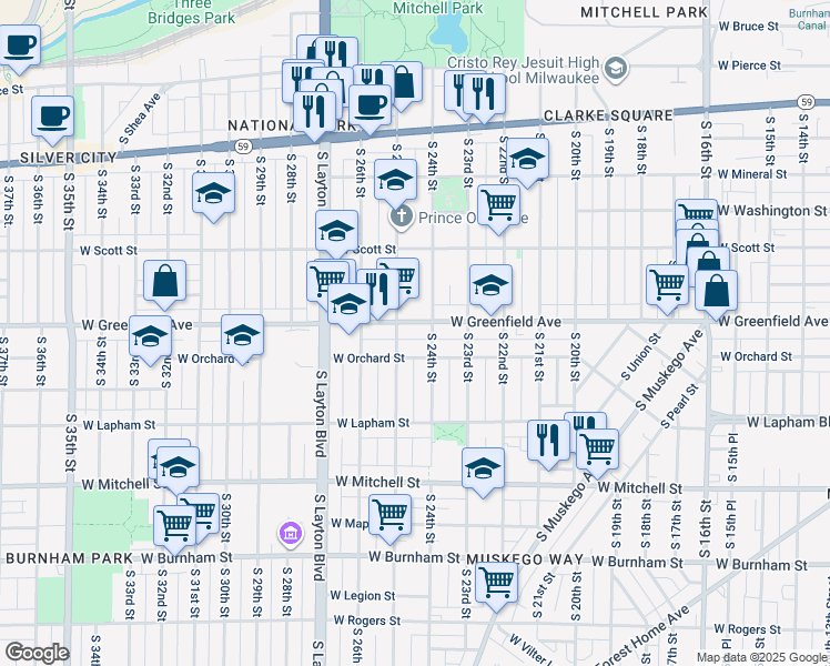 map of restaurants, bars, coffee shops, grocery stores, and more near in Milwaukee