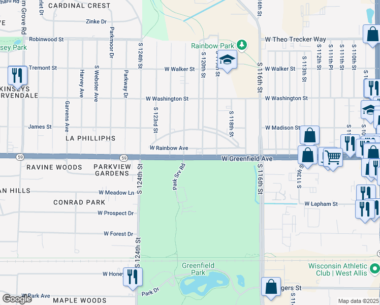 map of restaurants, bars, coffee shops, grocery stores, and more near 1352 South 121st Street in West Allis