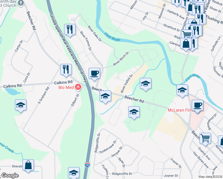 map of restaurants, bars, coffee shops, grocery stores, and more near 3360 Beecher Road in Flint