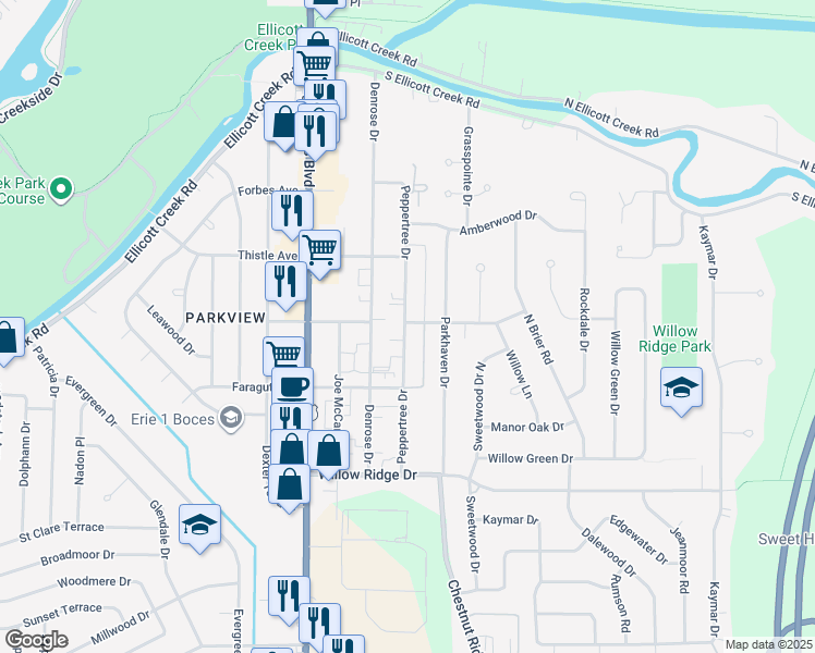 map of restaurants, bars, coffee shops, grocery stores, and more near 174 Peppertree Drive in Buffalo