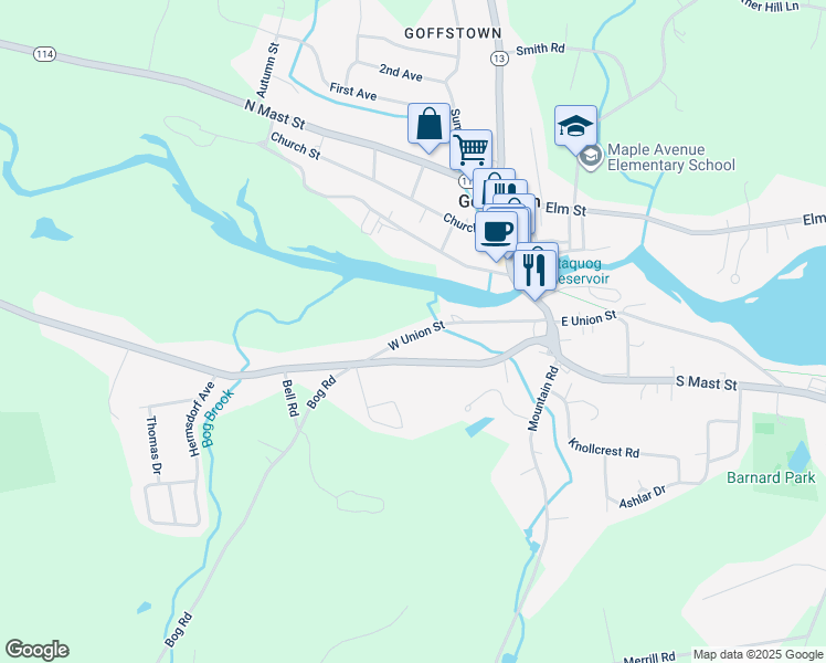 map of restaurants, bars, coffee shops, grocery stores, and more near 42 West Union Street in Goffstown