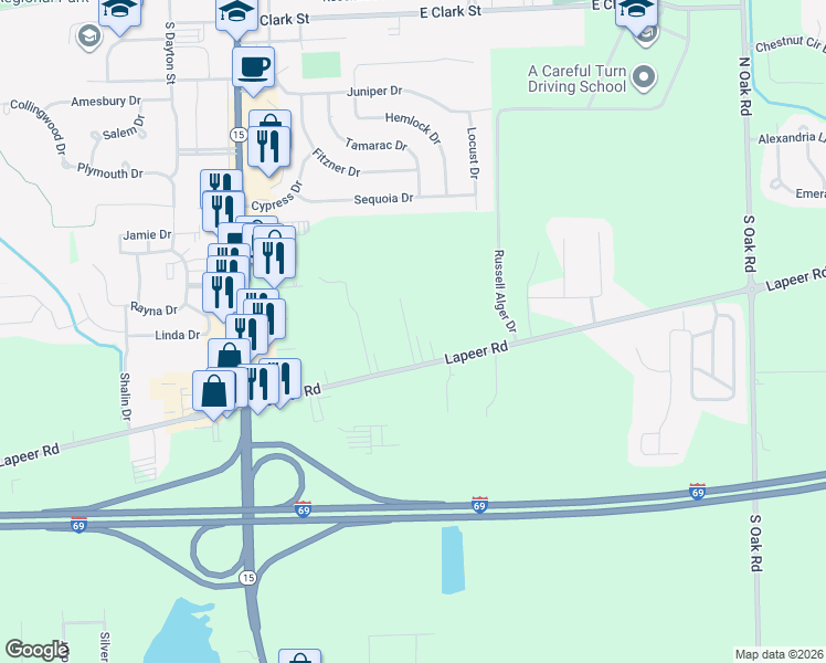 map of restaurants, bars, coffee shops, grocery stores, and more near 10187 Lapeer Rd in Davison