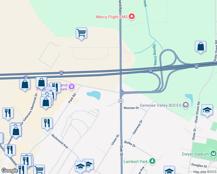 map of restaurants, bars, coffee shops, grocery stores, and more near 8204 Park Road in Batavia