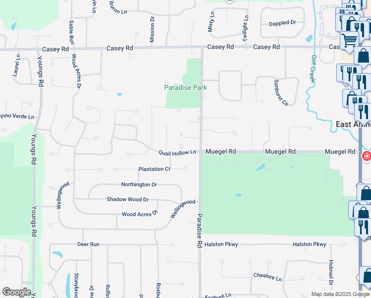 map of restaurants, bars, coffee shops, grocery stores, and more near 3 Firethorn Court in East Amherst