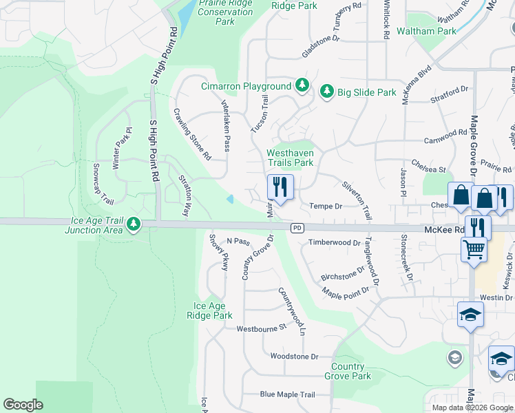 map of restaurants, bars, coffee shops, grocery stores, and more near 3172 Muir Field Road in Madison
